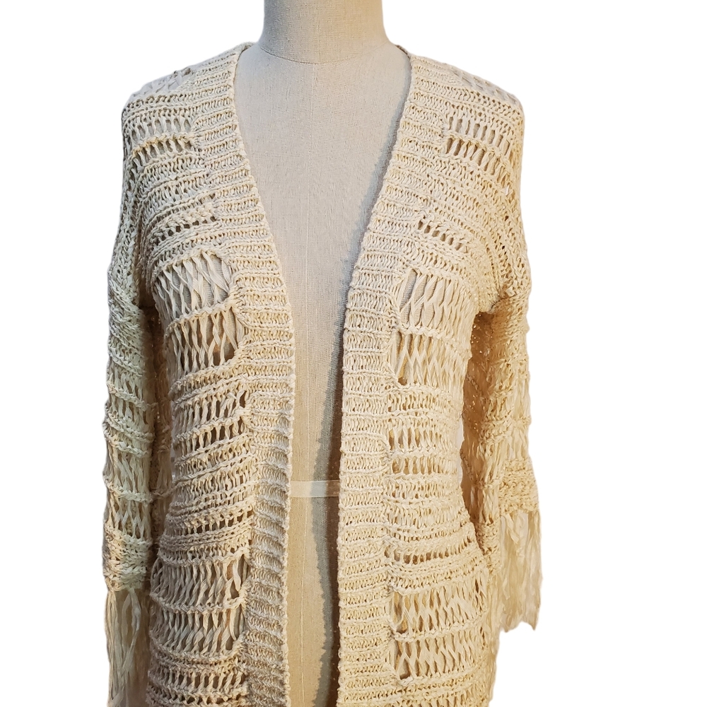 Millau Women's Boho Festival Open Crochet Fringe Wheat Kimono Top Size S